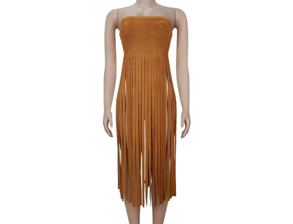 Women Fashion Strapless Suede Fringe Tassel Top