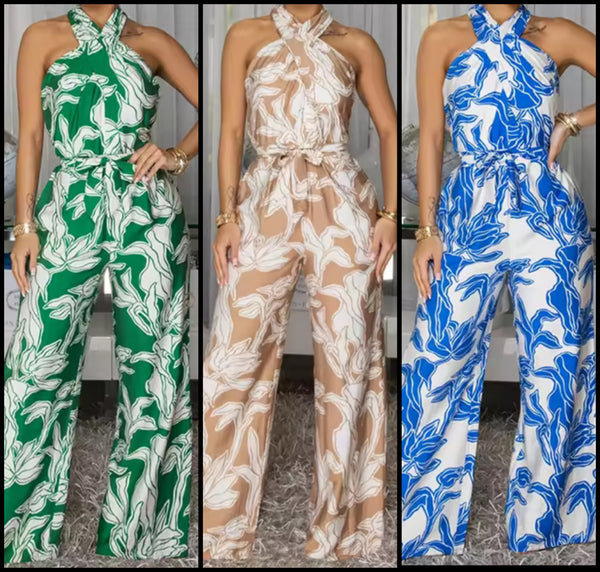 Women Halter Sleeveless Printed Fashion Jumpsuit