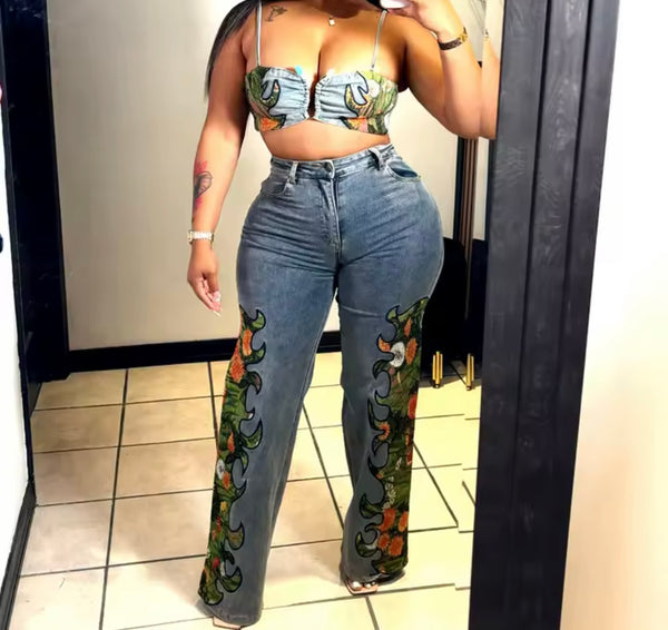 Women Sexy Printed Sleeveless Crop Two Piece Denim Pant Set