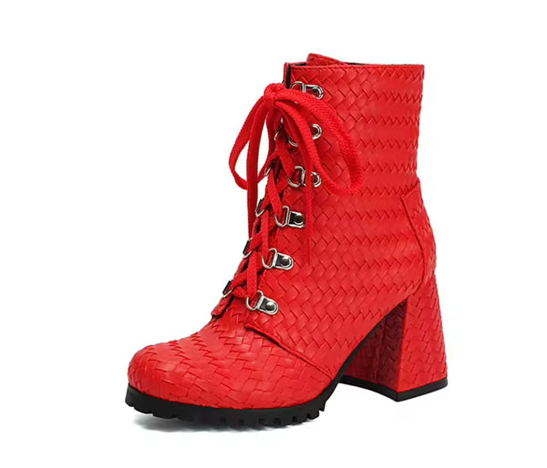 Women Fashion Lace Up Square Heel Ankle Boots