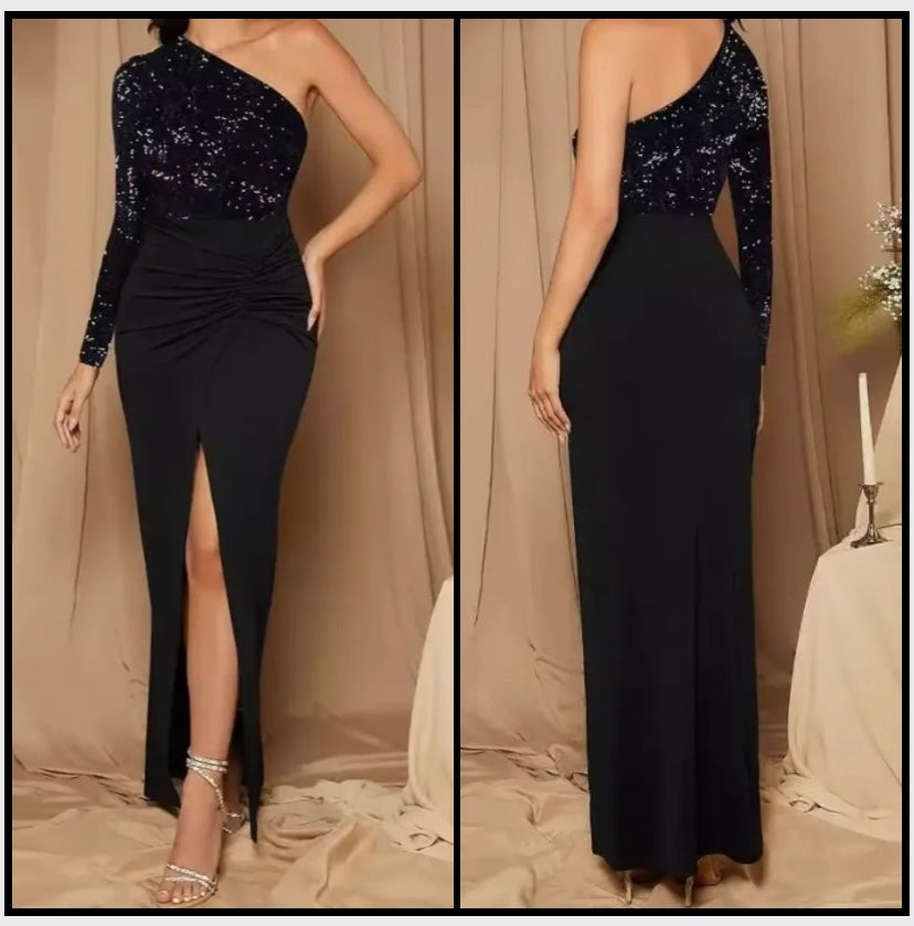 Women Sexy Black One Shoulder Full Sleeve Sequins Patchwork Dress