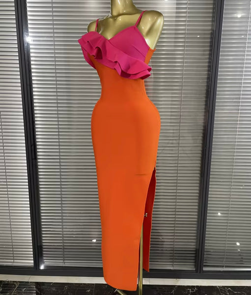 Women Sexy Sleeveless Orange Color Block Ruffle Maxi Dress