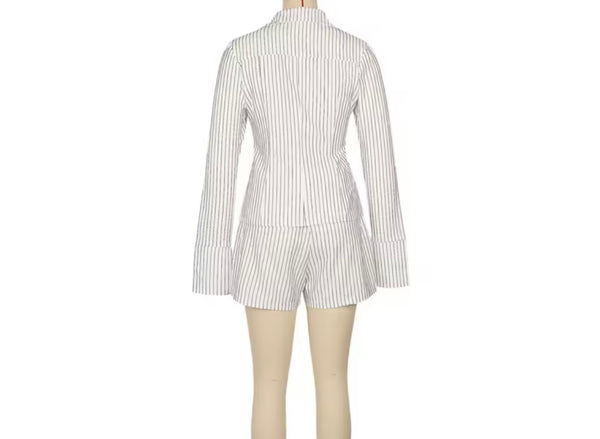 Women Sexy Fashion Pinstriped Lace Up Full Sleeve Two Piece Short Set