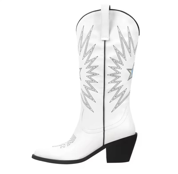 Women Fashion White Metallic Star Knee High Western Boots
