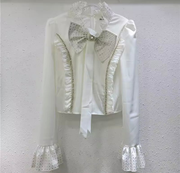 Women Bling Pearl Bow Full Sleeve Fashion Top