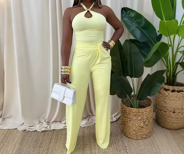 Women Sexy Halter Sleeveless Ruched Jumpsuit