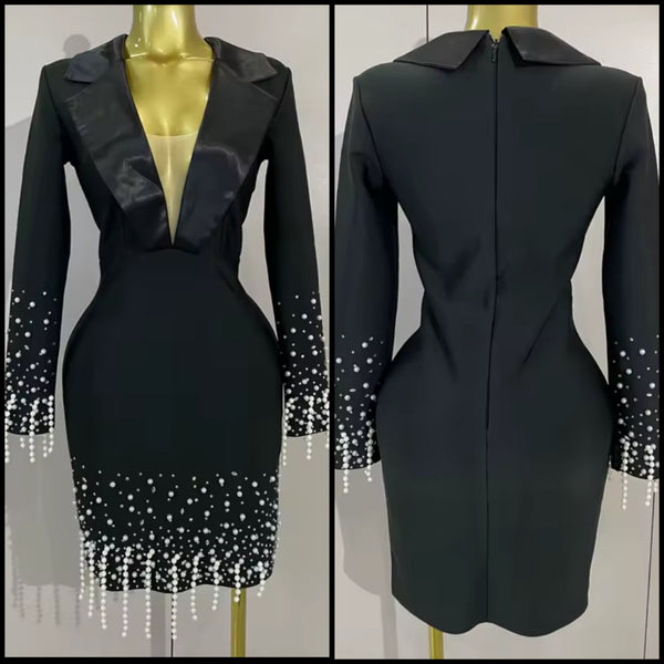 Women Black Pearl Embellishment Full Sleeve Blazer Dress