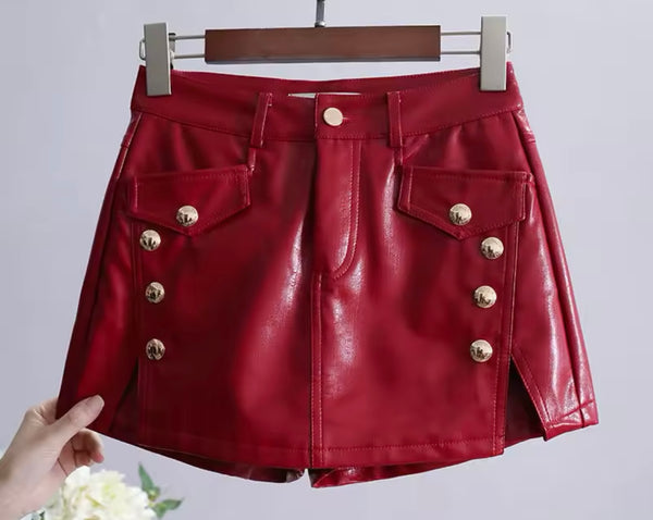 Women Color Fashion Faux Leather Button Wrap Shorts