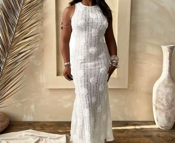 Women Sexy Sleeveless Solid Color Floral Maxi Dress