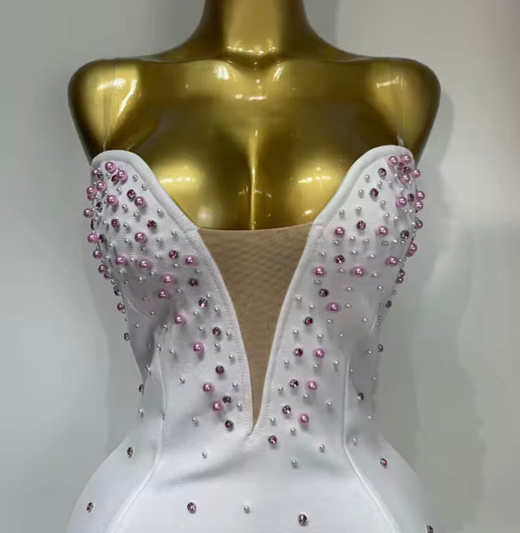 Women White Sexy Pink Feather Rhinestone Dress