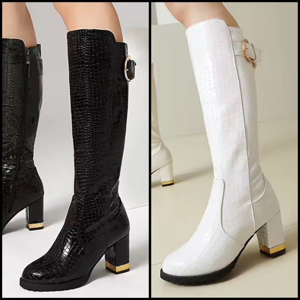 Women Buckled Faux Leather Fashion Knee High Boots