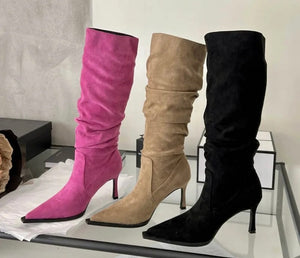 Women Suede High Heel Ruched Fashion Western Boots