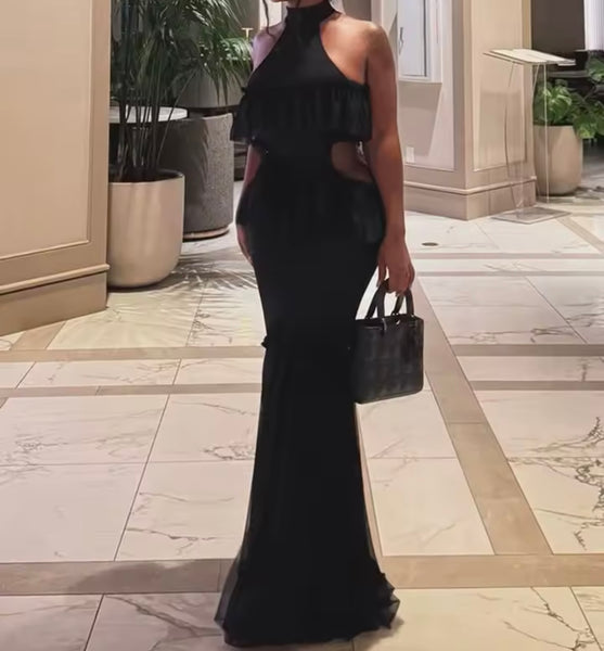 Women Sexy Halter Sleeveless Black Ruffled Mesh Maxi Dress