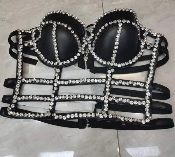 Women Sleeveless Faux Leather Rhinestone Patchwork Crop Top