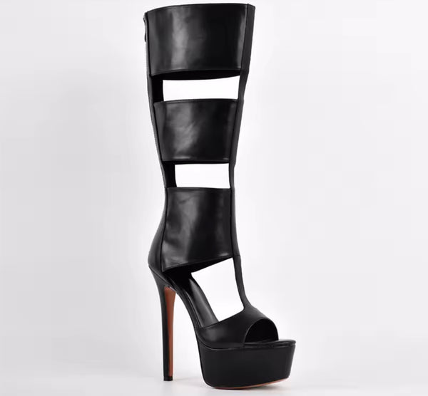 Women Fashion Color Open Toe Patent Leather Platform Knee High Sandals