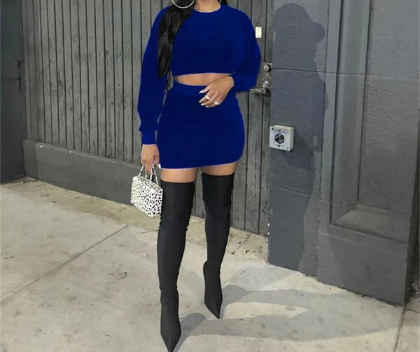 Women Solid Color Full Sleeve Crop Two Piece Fashion Skirt Set