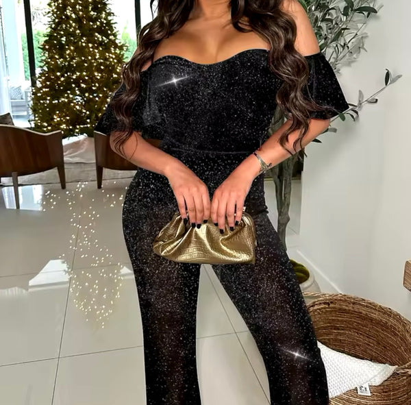 Women Sexy Sparkly Off The Shoulder Short Sleeve Two Piece Pant Set
