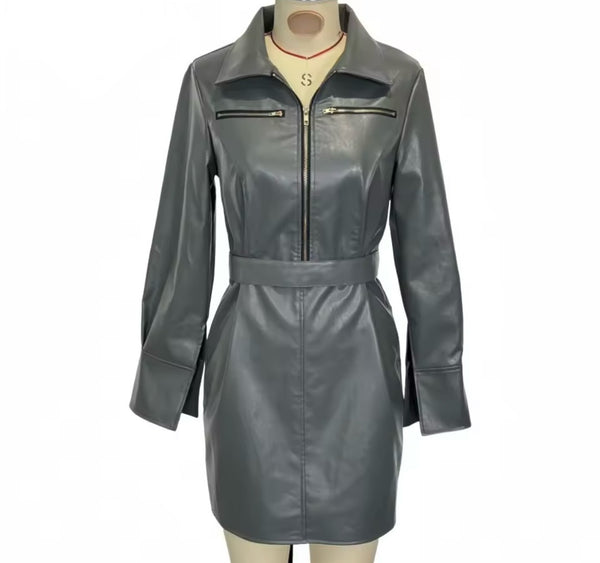 Women Gray Zip Up Fashion Faux Leather Dress