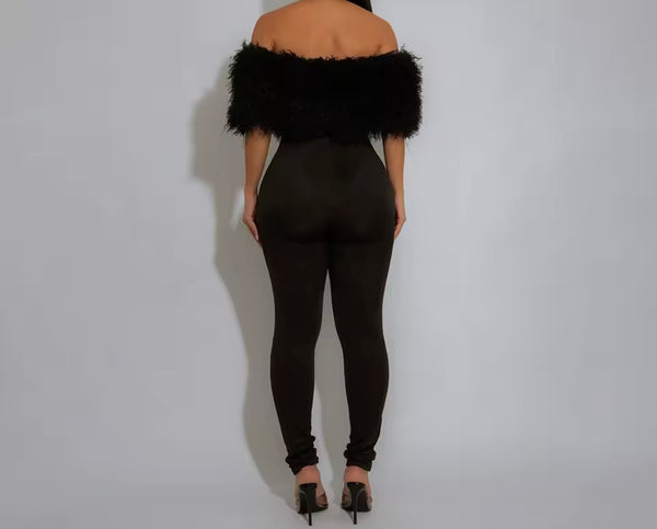 Women Black Feather Off The Shoulder Fashion Jumpsuit