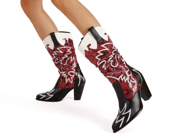 Women Fashion Color Animal Print Faux Leather Western Boots