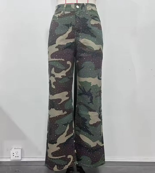 Women Fashion Color Camouflage Bling Denim Pants