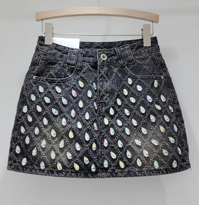 Women Fashion Diamond Crystal Denim Skirt