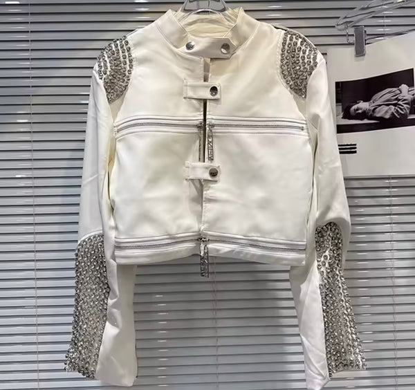 Women Fashion Rhinestone Zip Up Buckled Faux Leather Jacket