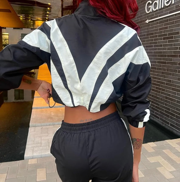 Women Fashion Striped Zip Up Tracksuit Two Piece Pant Set