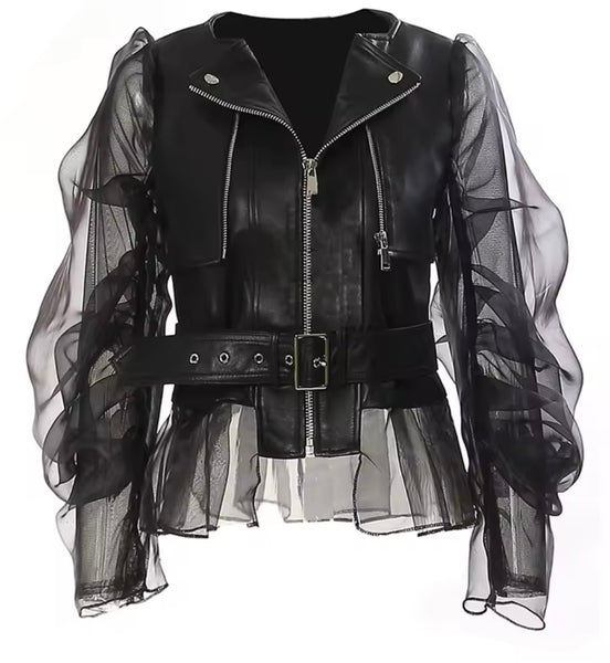 Women Fashion Black Mesh Faux Leather Buckled Jacket