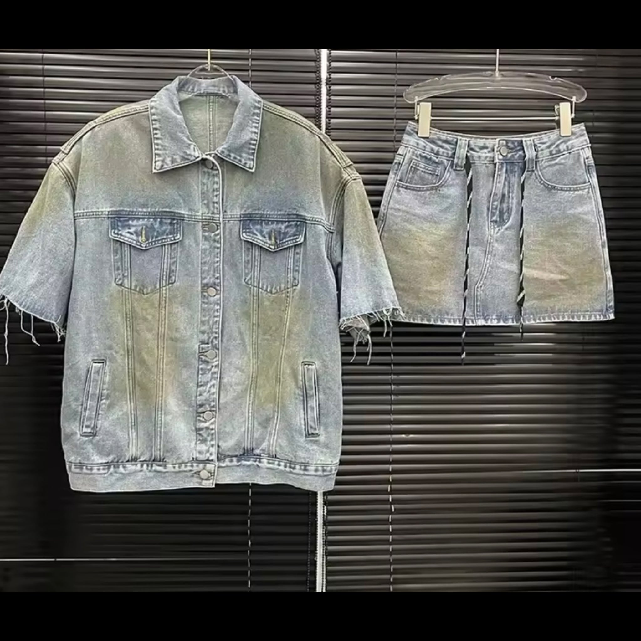 Women Fashion Metallic Button Up Denim Two Piece Skirt Set