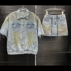 Women Fashion Metallic Button Up Denim Two Piece Skirt Set