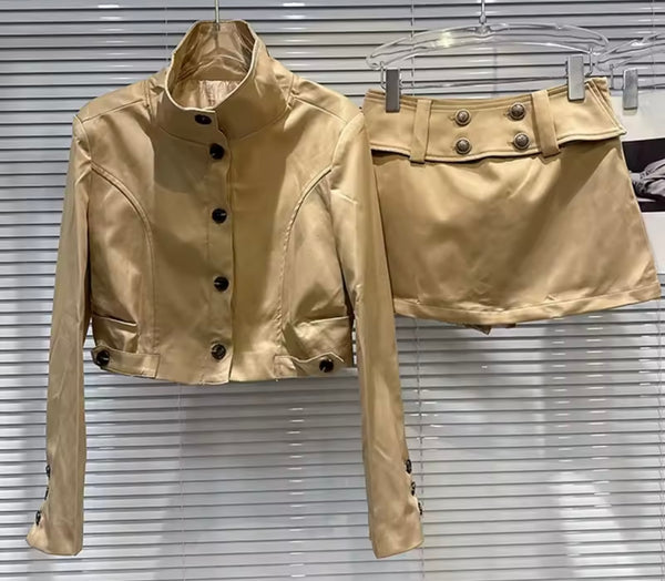 Women Fashion Button Up Buckled Jacket Two Piece Skirt Set