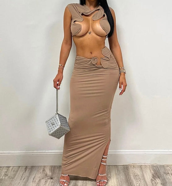 Women Sexy Sleeveless Crop Two Piece Maxi Skirt Set