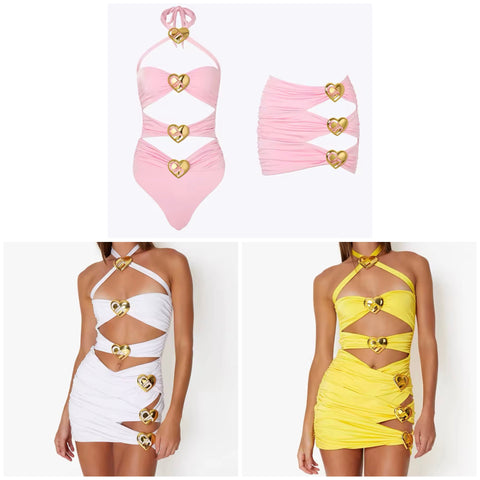 Women Sexy Halter Heart Cut Out Swimsuit Cover Up Set