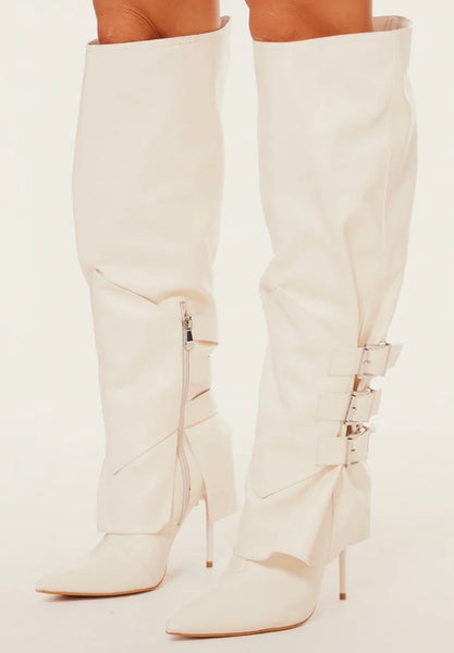 Women Pointed Toe Buckled Fashion Faux Leather Knee High Boots
