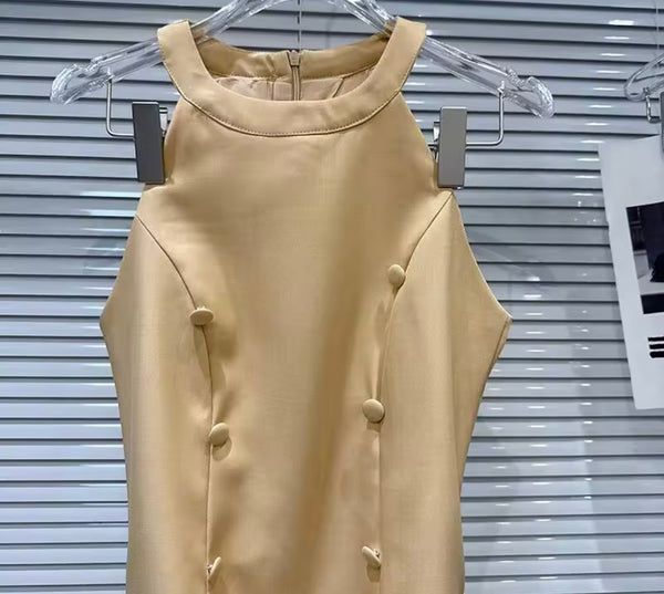 Women Khaki Button Sleeveless Belted Dress