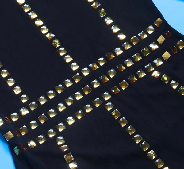 Women Sexy Full Sleeve Black Gold Rivet Patchwork Dress