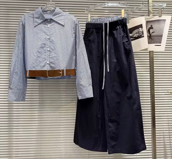 Women Blue Striped Collar Full Sleeve Two Piece Wide Leg Pant Set