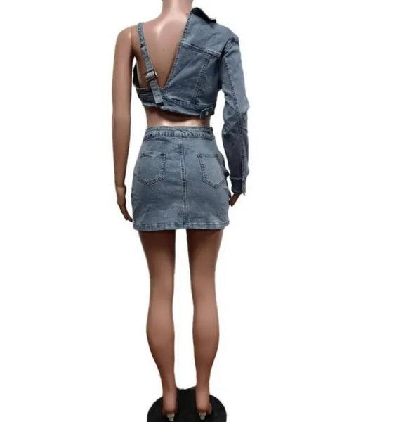 Women Sexy Fashion One Shoulder Crop Jacket Two Piece Denim Skirt Set