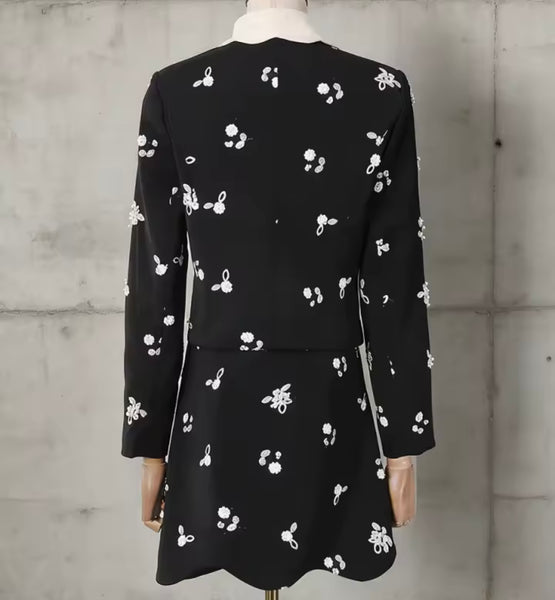 Women Collar Bow Full Sleeve Blazer Two Piece Skirt Set
