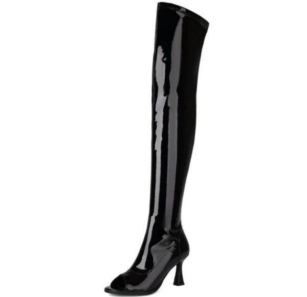 Women Black Open Toe Over The Knee Fashion Boots