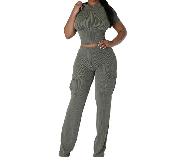 Women Solid Color Ribbed Short Sleeve Crop Two Piece Pant Set