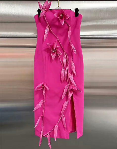 Women Sexy Strapless Pink 3D Floral Side Split Dress