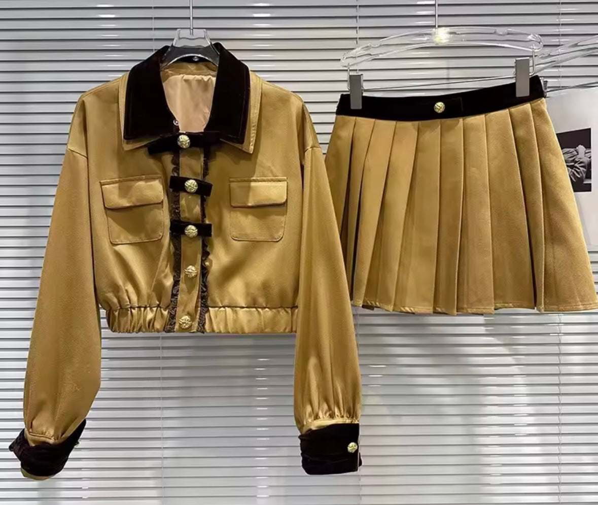 Women Fashion Velour Jacket Two Piece Pleated Skirt Set