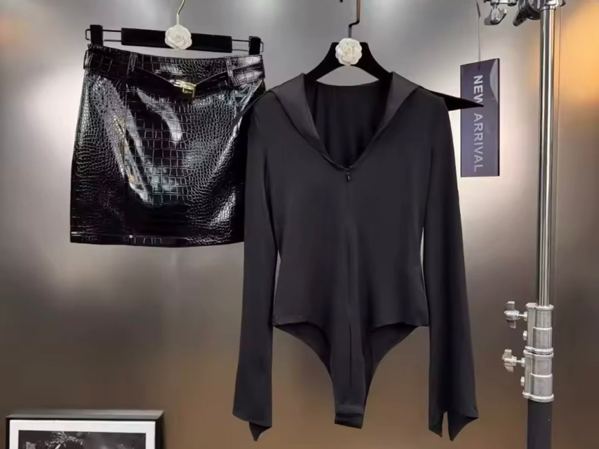 Women Black Full Sleeve Fashion Two Piece PU Skirt Set