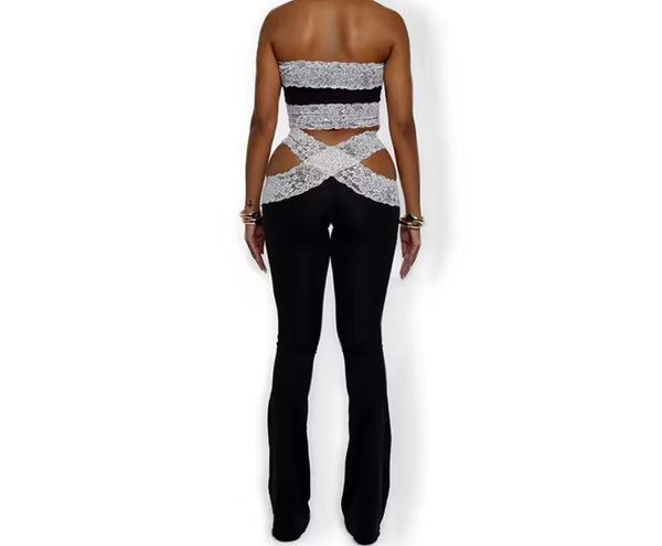 Women Strapless Color Lace Patchwork Two Piece Pant Set