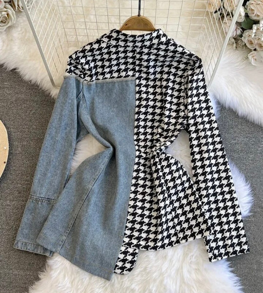 Women Fashion Houndstooth Denim Patchwork Blazer Top