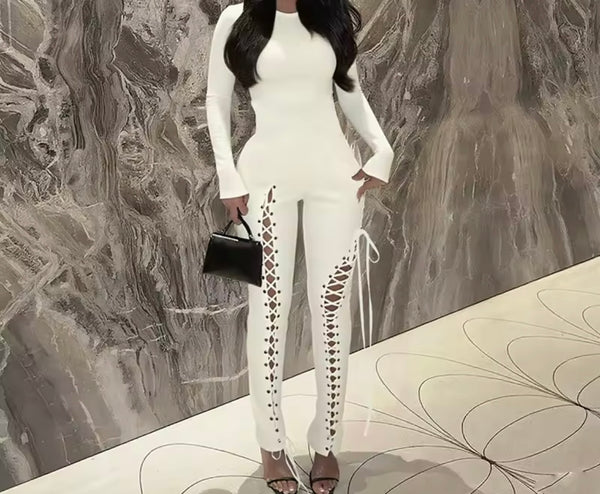 Women Color Full Sleeve Cut Out Tie Up Fashion Jumpsuit