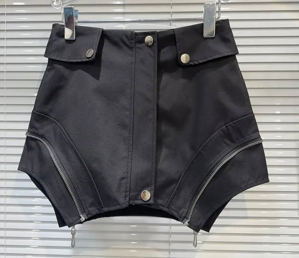 Women Sexy Fashion Black Zipper Button Short Skirt