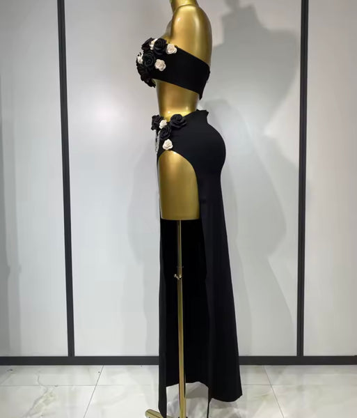 Women Sexy Strapless 3D Floral Black Bling Two Piece Maxi Skirt Set